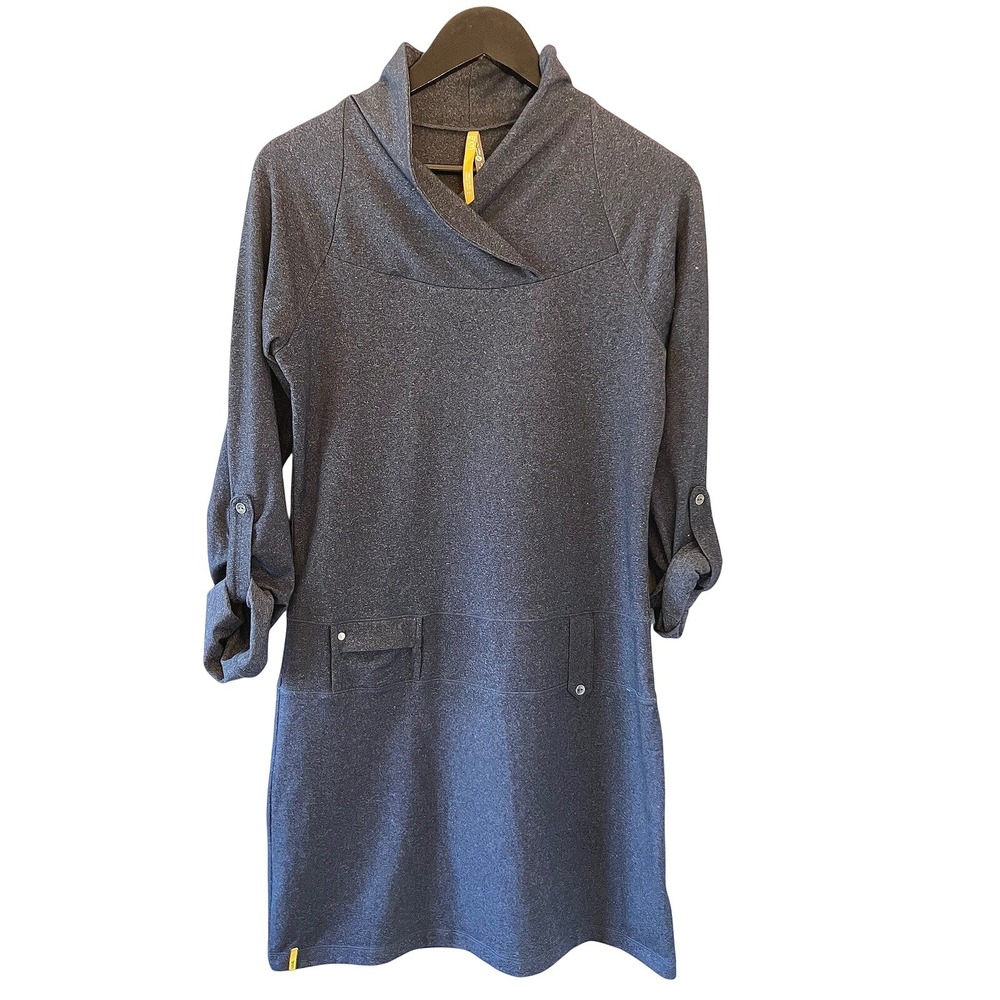 Lolë Cowl Neck Roll Tab Sleeve Dress Navy Blue Heathered Stretch Women's Size M